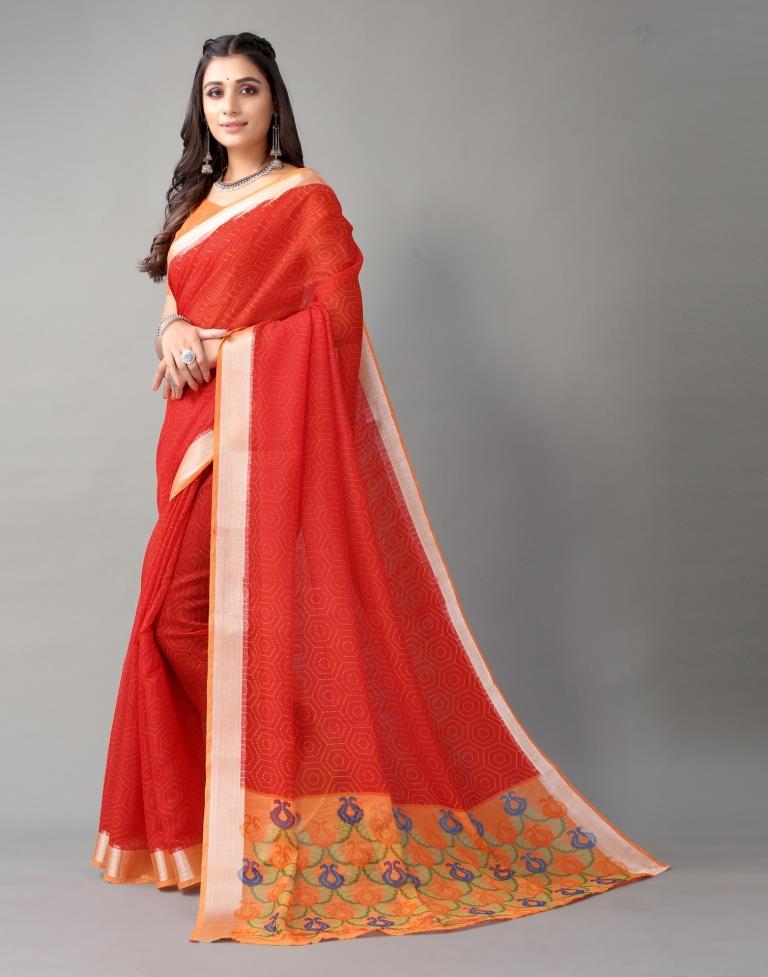 Red Printed Cotton Saree