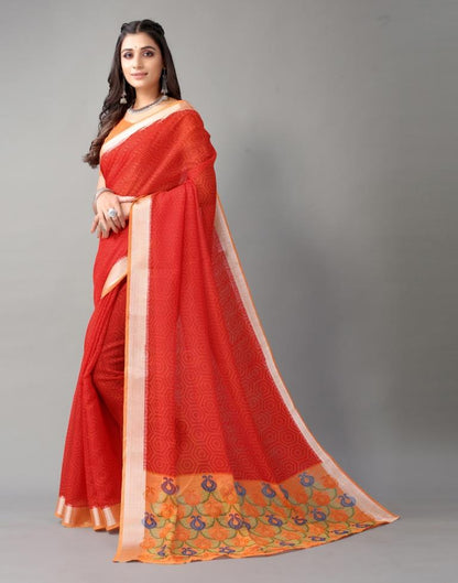 Red Printed Cotton Saree