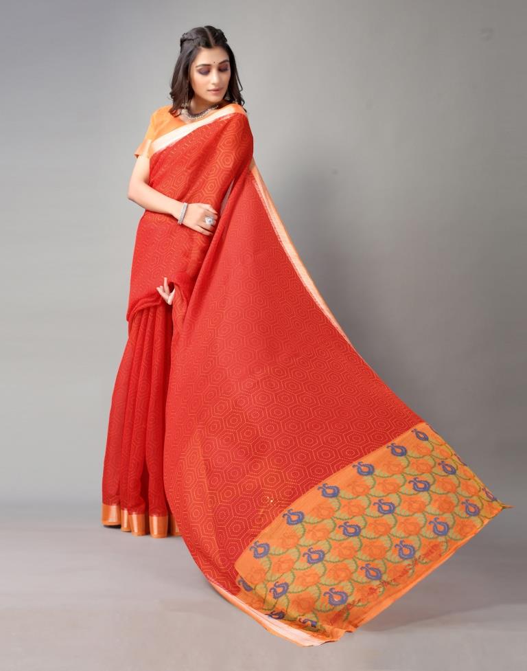 Red Printed Cotton Saree