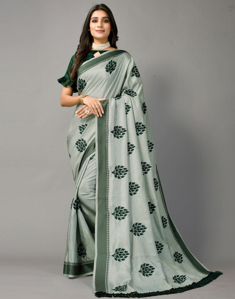 Greenish Grey Embroidered Saree | Sudathi