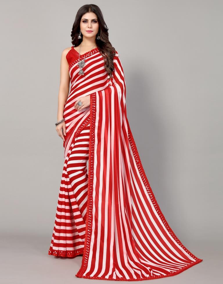 Red And White Printed Saree | Sudathi