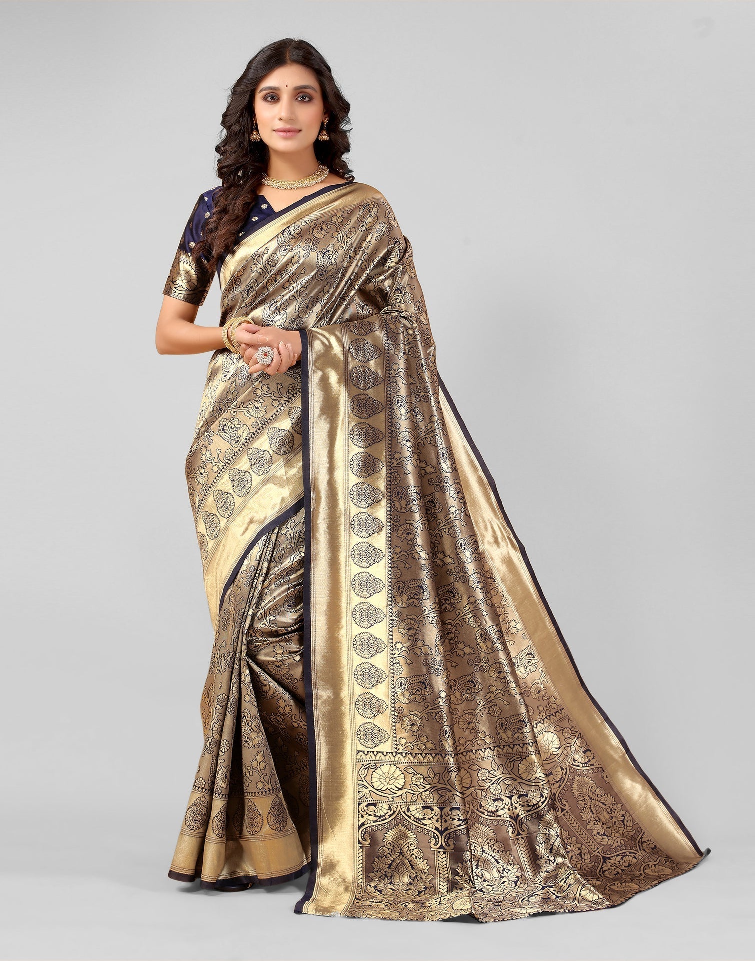Navy Blue And Golden Silk Saree | Sudathi