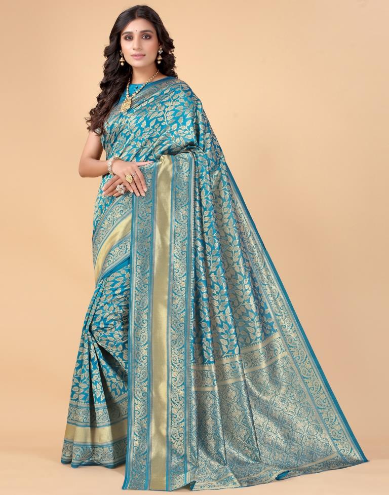 Peacock Blue And Golden Silk Saree | Sudathi