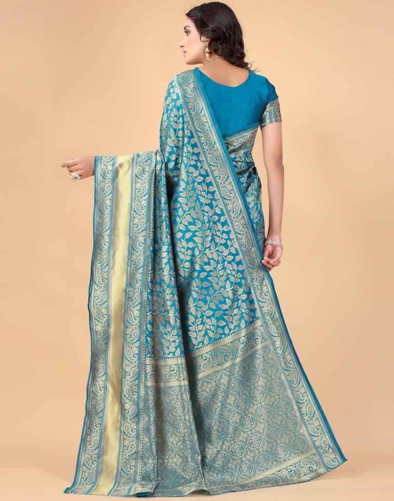 Peacock Blue And Golden Silk Saree | Sudathi