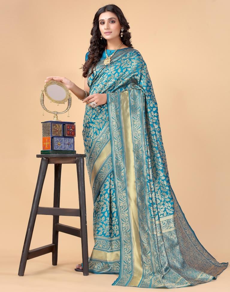 Peacock Blue And Golden Silk Saree | Sudathi