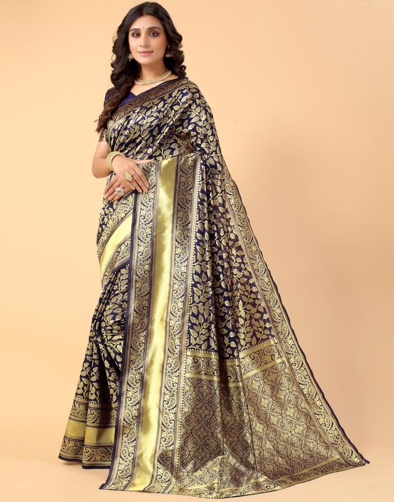 Navy Blue And Golden Silk Saree | Sudathi