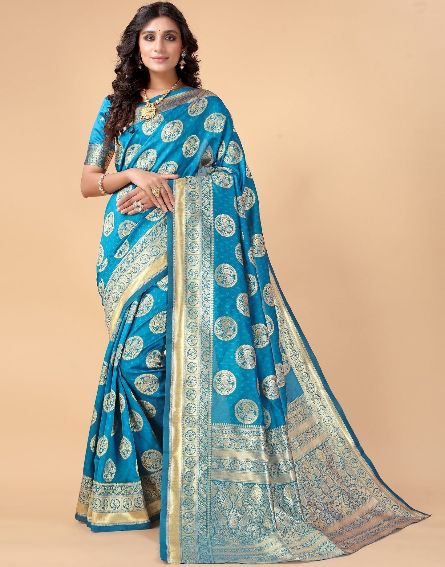 Peacock Blue And Golden Silk Saree | Sudathi