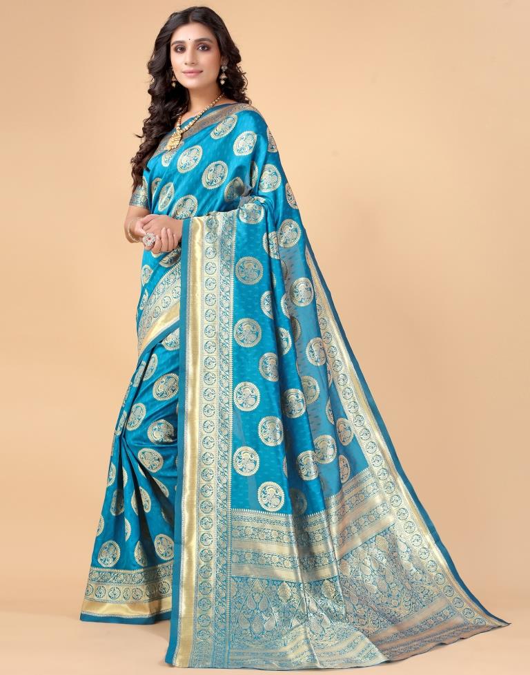 Peacock Blue And Golden Silk Saree | Sudathi