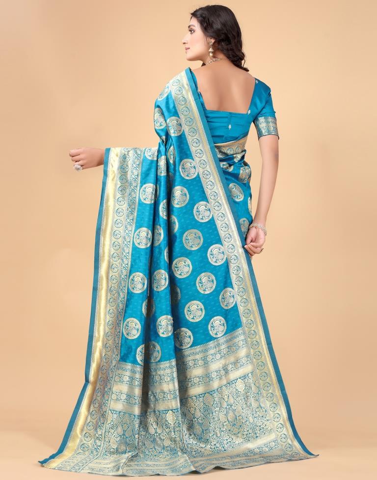 Peacock Blue And Golden Silk Saree | Sudathi