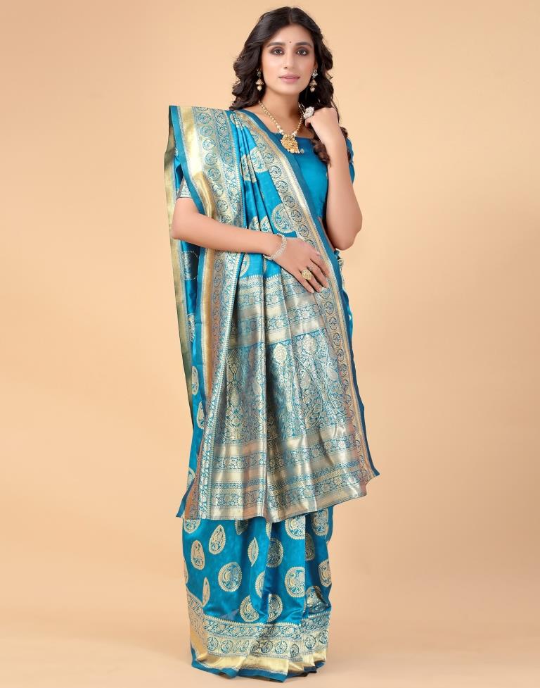 Peacock Blue And Golden Silk Saree | Sudathi