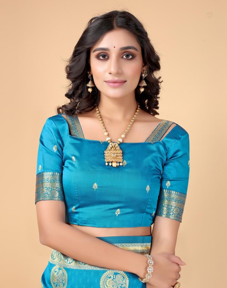Peacock Blue And Golden Silk Saree | Sudathi