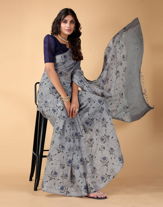 Grey Floral Cotton Saree | Sudathi