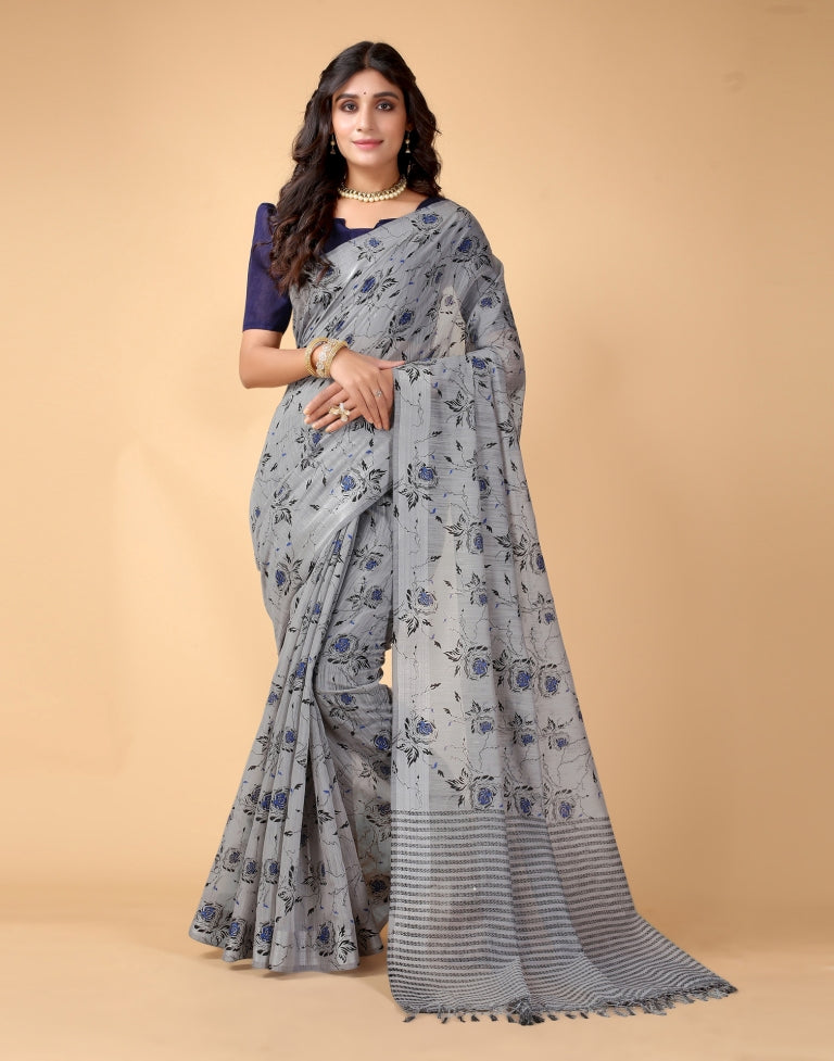 Grey Floral Cotton Saree | Sudathi