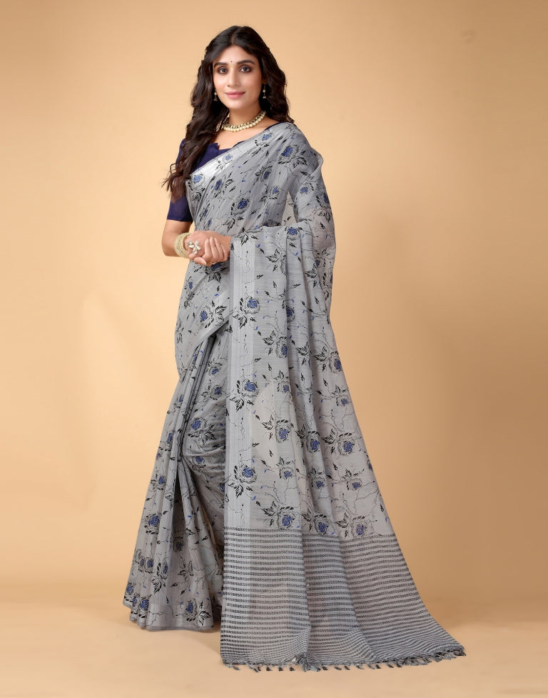 Grey Floral Cotton Saree | Sudathi