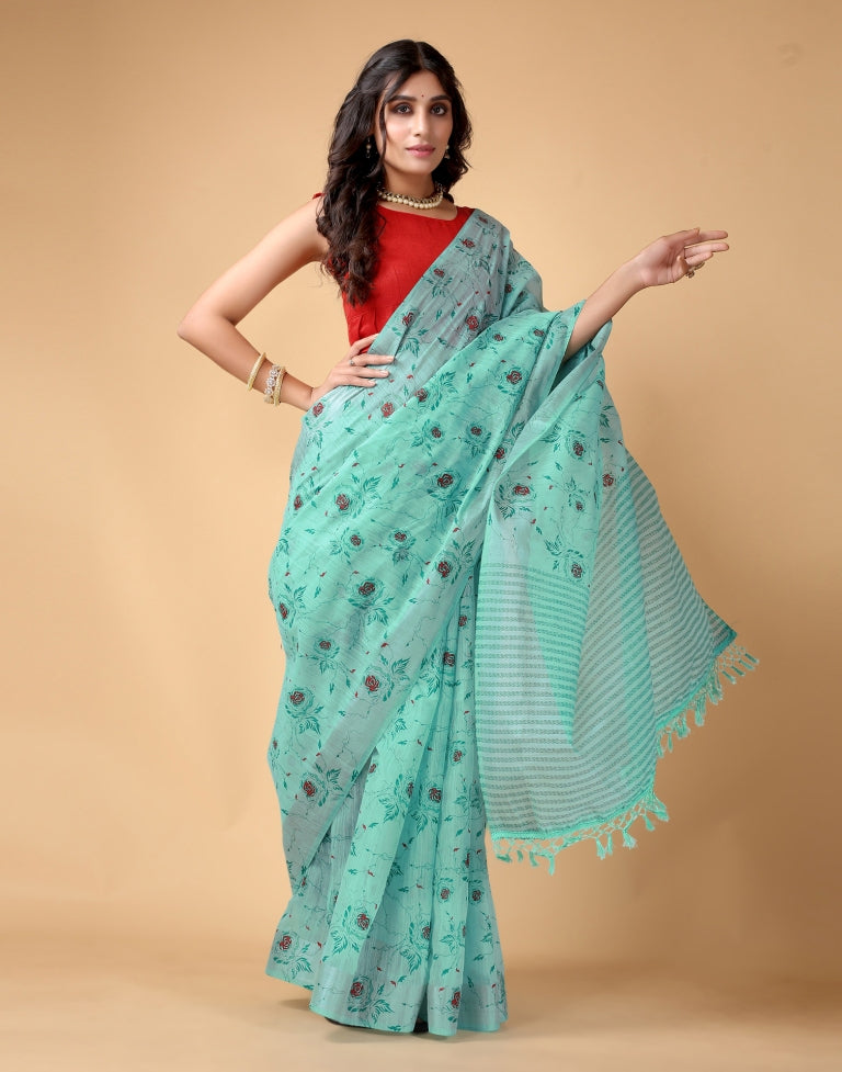 Light Blue Floral Cotton Saree | Sudathi