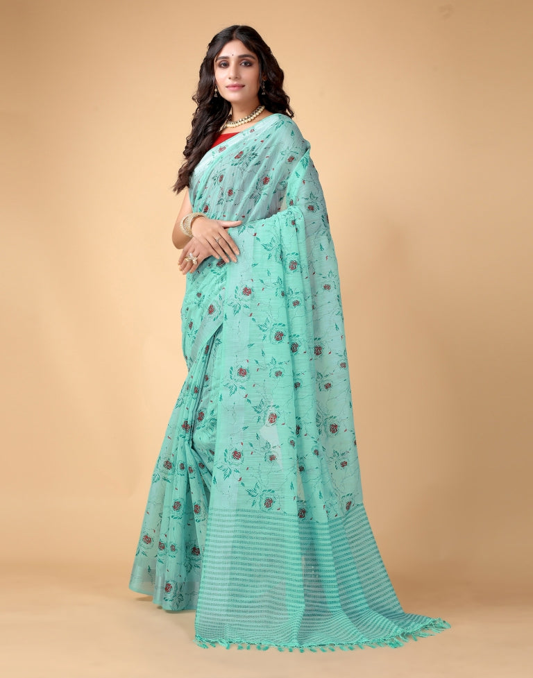 Light Blue Floral Cotton Saree | Sudathi