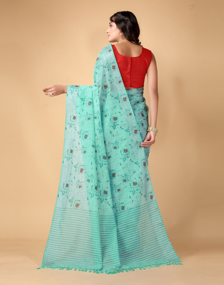 Light Blue Floral Cotton Saree | Sudathi