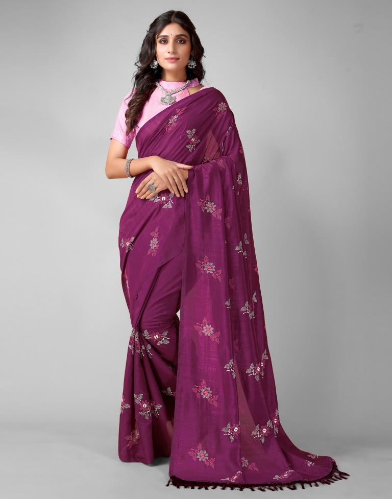 Wine Printed Silk Saree