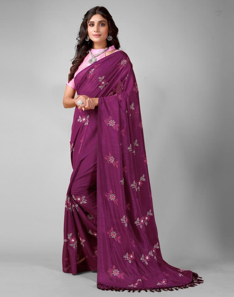 Wine Printed Silk Saree