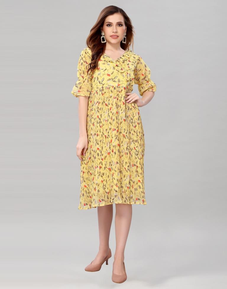 Light Yellow Coloured Chiffon Printed Dress | Leemboodi