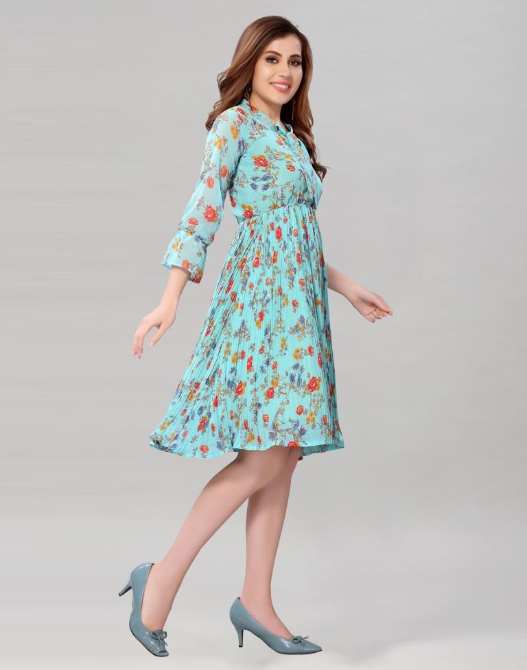 Aqua Blue Coloured Chiffon Printed Dress | Sudathi