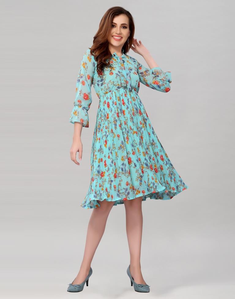 Aqua Blue Coloured Chiffon Printed Dress | Sudathi