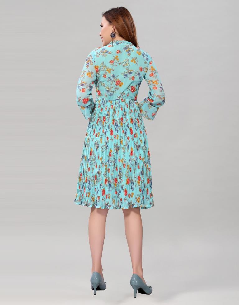 Aqua Blue Coloured Chiffon Printed Dress | Sudathi