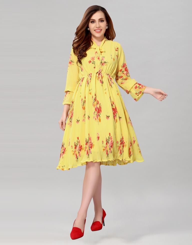 Light Yellow Coloured Chiffon Printed Dress | Sudathi