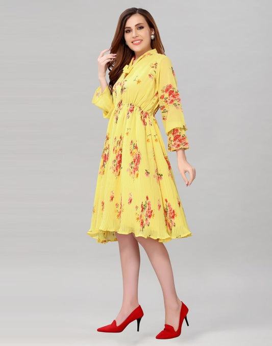 Light Yellow Coloured Chiffon Printed Dress | Sudathi
