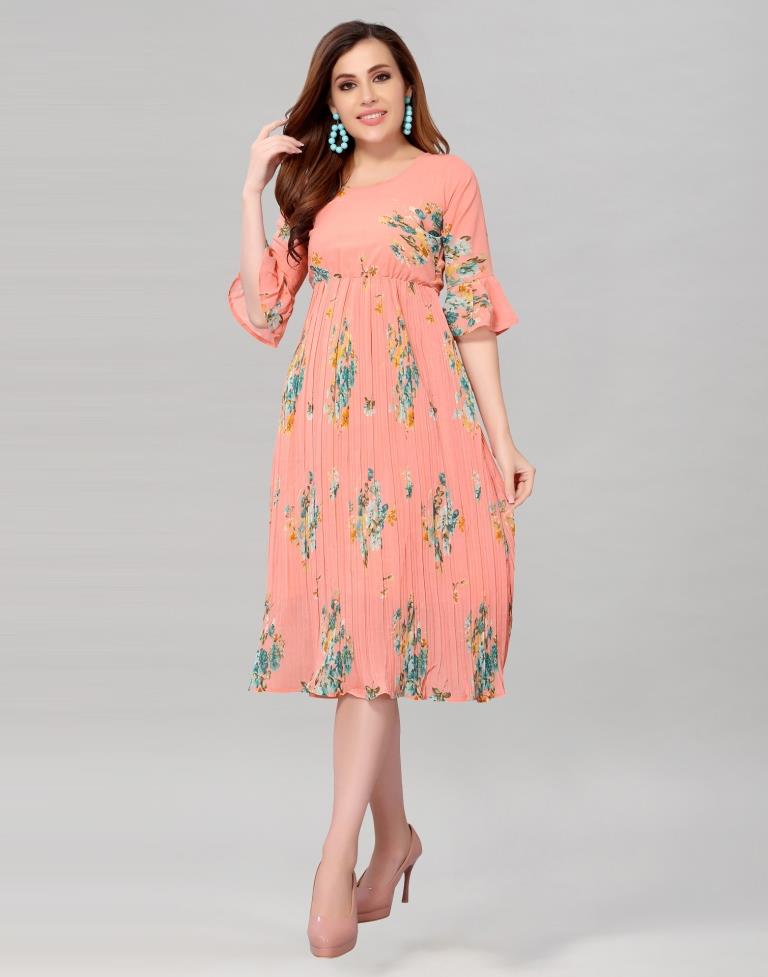 Peach Coloured Chiffon Printed Dress | Sudathi