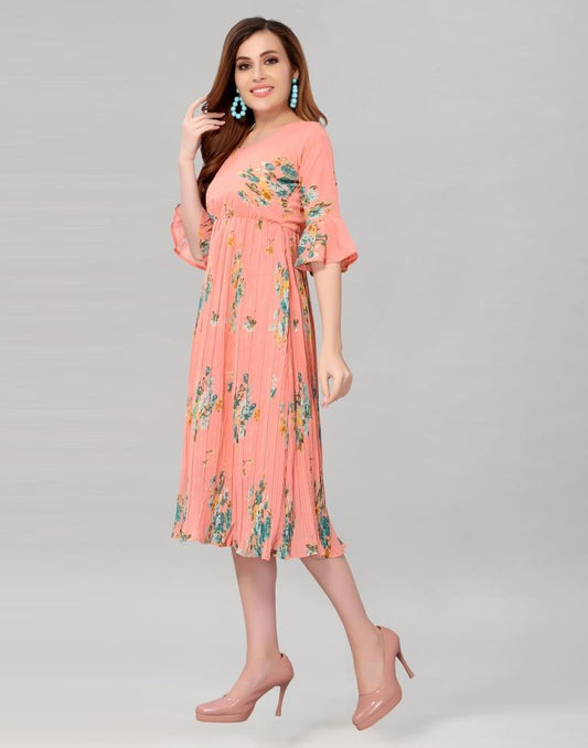 Peach Coloured Chiffon Printed Dress | Sudathi