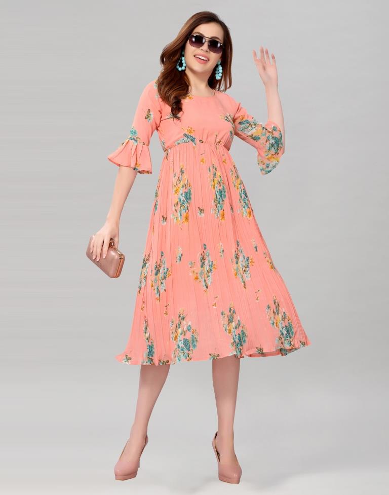Peach Coloured Chiffon Printed Dress | Sudathi