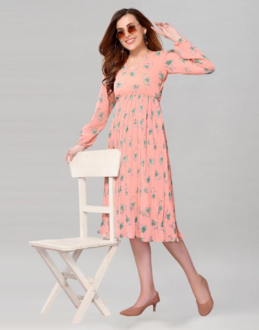 Peach Coloured Chiffon Printed Dress | Sudathi