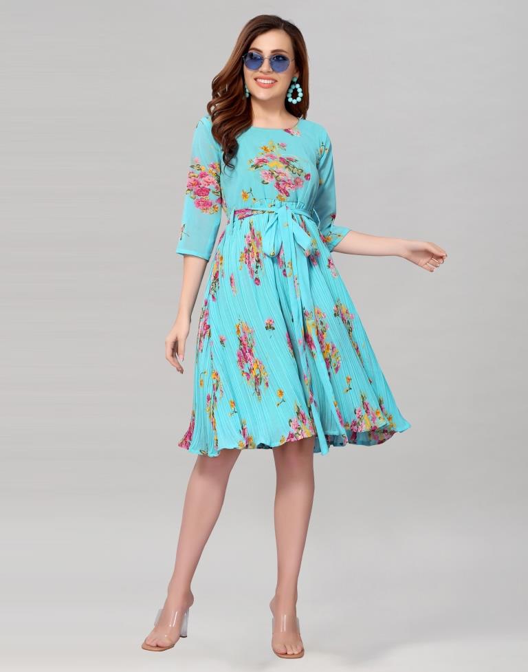 Aqua Blue Coloured Chiffon Printed Dress | Sudathi