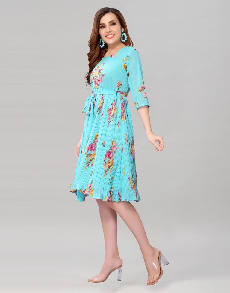 Aqua Blue Coloured Chiffon Printed Dress | Sudathi