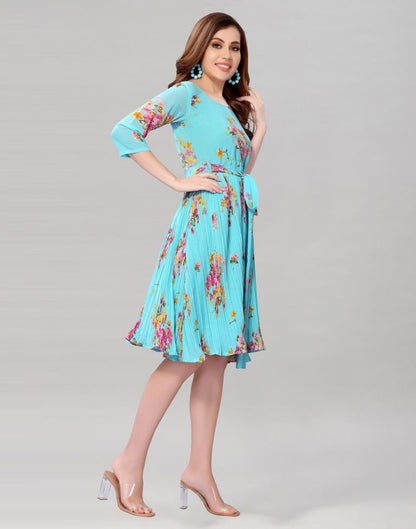 Aqua Blue Coloured Chiffon Printed Dress | Sudathi