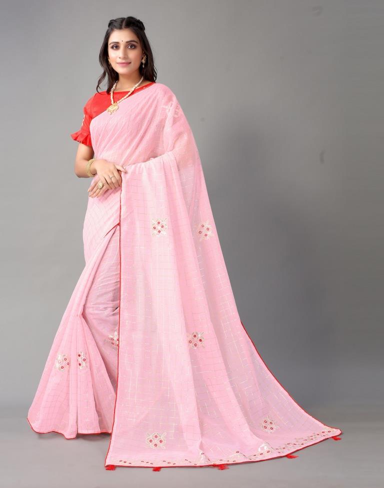 Light Pink Embroidery Cotton Saree | Sudathi