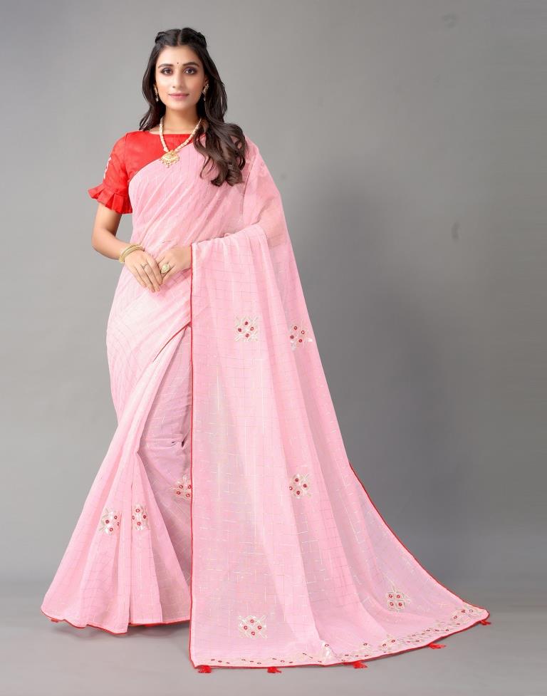 Light Pink Embroidery Cotton Saree | Sudathi