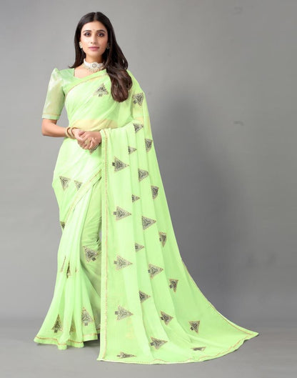 Pista Green Embroidery Chiffon Saree | Sudathi