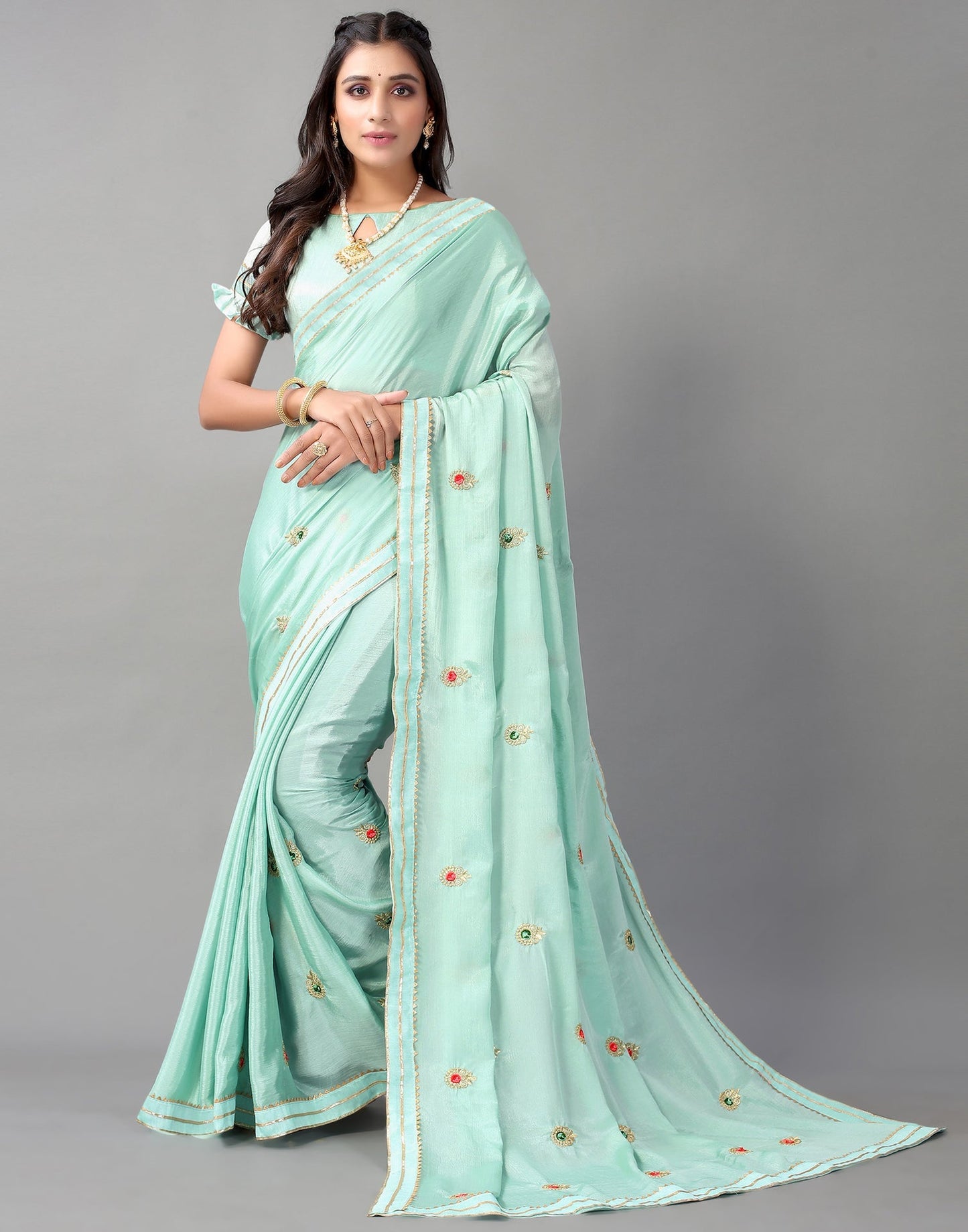 Aqua Green Chinon Saree | Sudathi