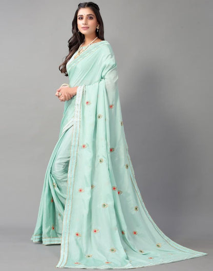 Aqua Green Chinon Saree | Sudathi