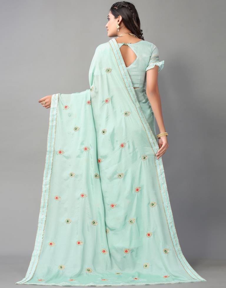 Aqua Green Chinon Saree | Sudathi