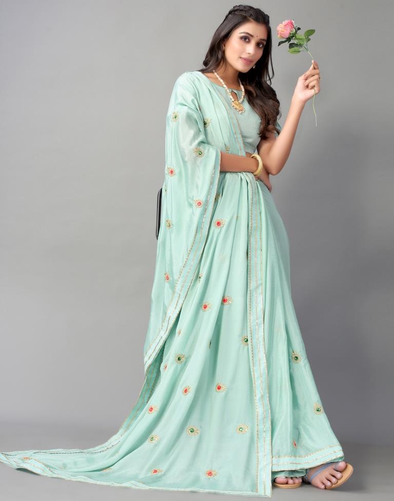 Aqua Green Chinon Saree | Sudathi