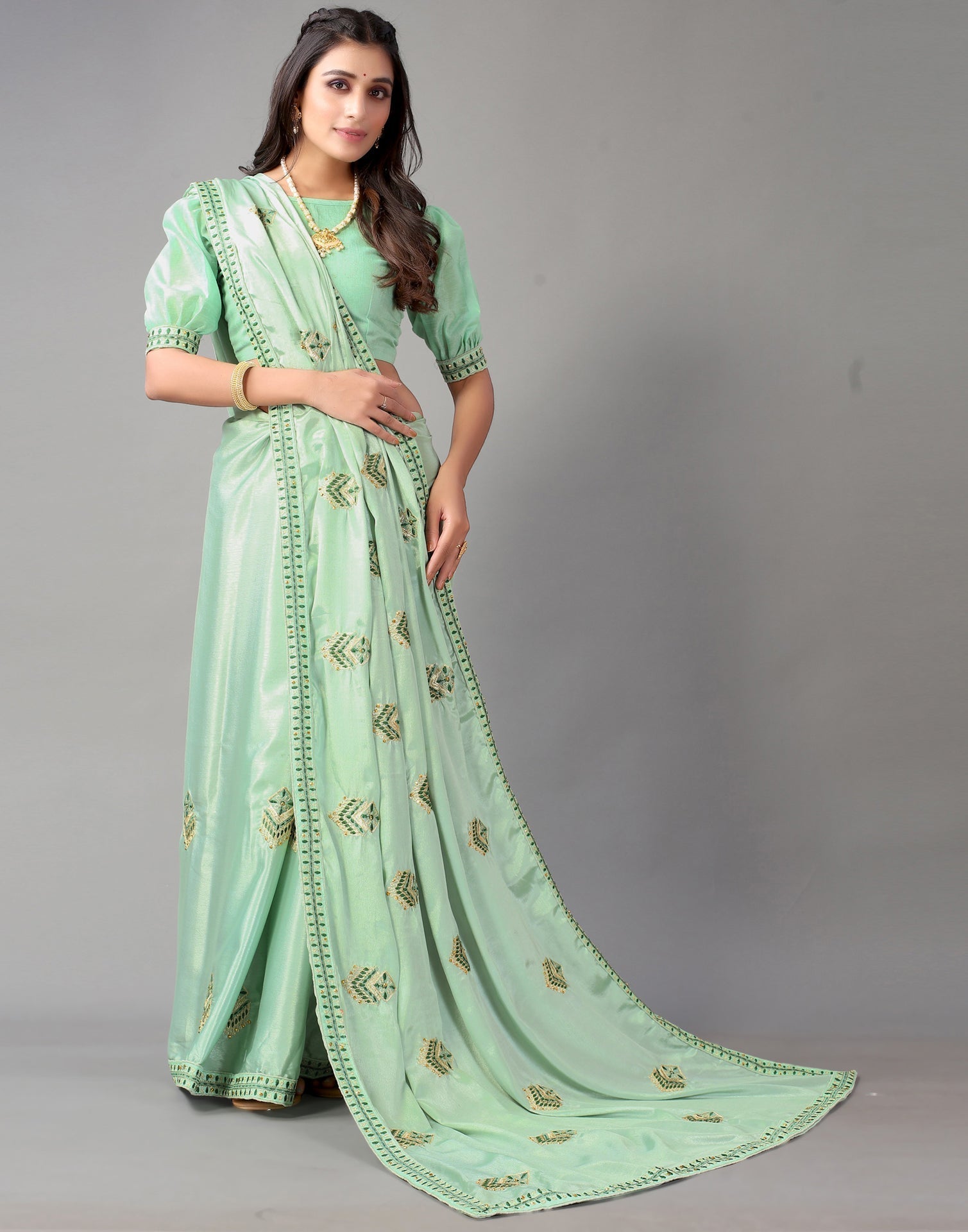 Pista Green Embroidery Saree | Sudathi