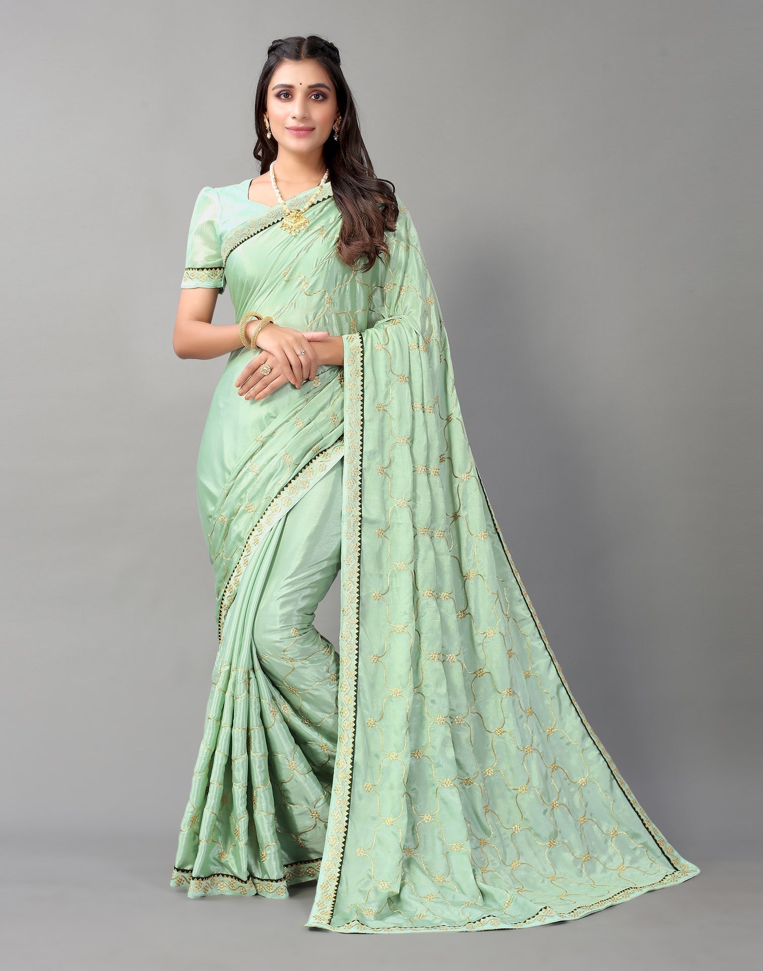 Pista Green Chinon Saree | Sudathi