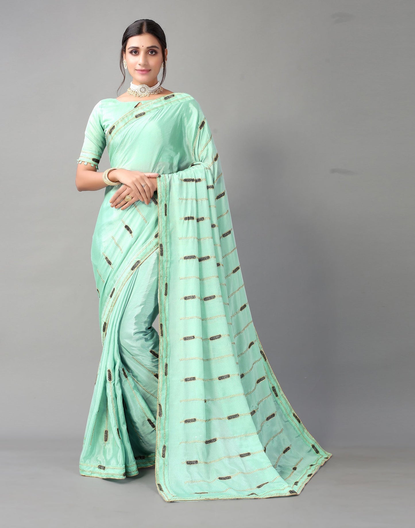 Mint Green Chinon Saree | Sudathi