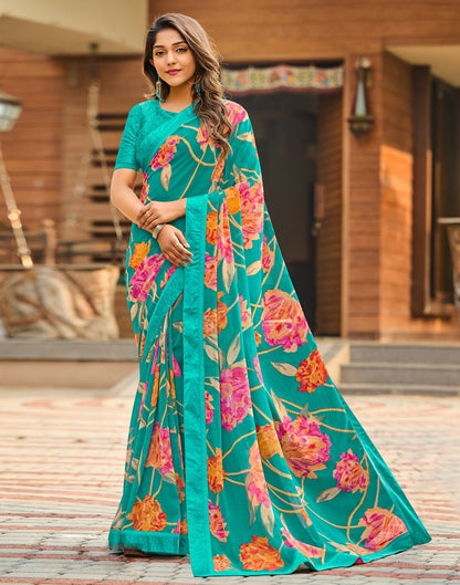 Turquoise Blue Floral Printed Saree | Sudathi