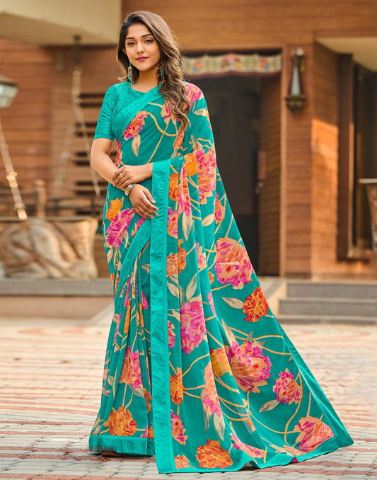 Turquoise Blue Floral Printed Saree | Sudathi