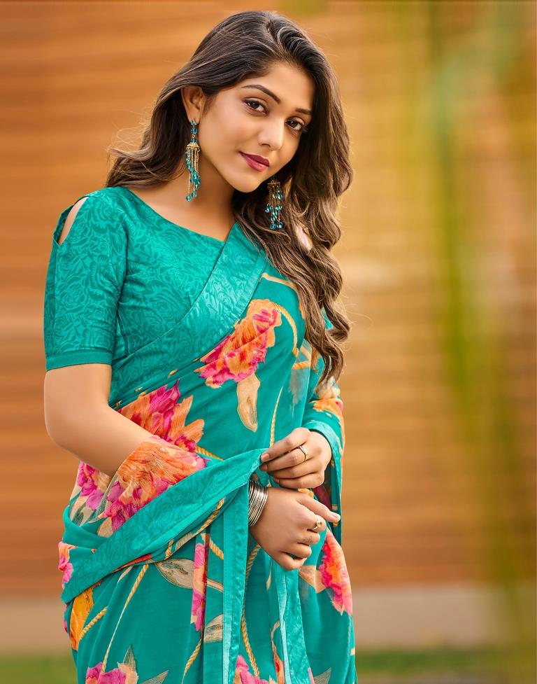 Turquoise Blue Floral Printed Saree | Sudathi