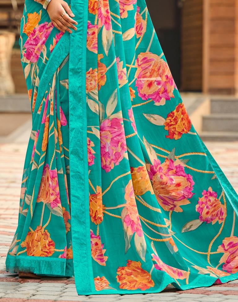 Turquoise Blue Floral Printed Saree | Sudathi